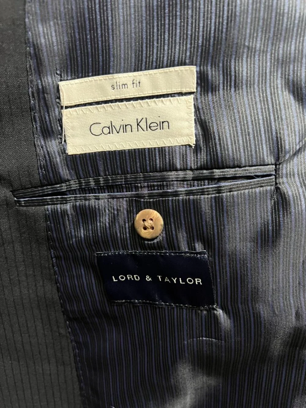 Calvin Klein Slim Fit 100% Wool Navy Blue Pinstripe Suit Jacket Blazer Men's 44R